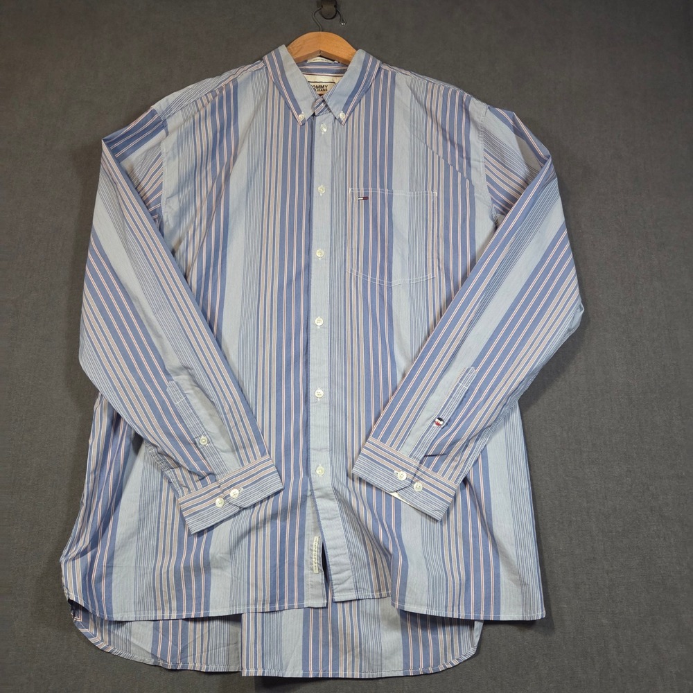 Tommy Jeans Button Down Shirt Mens XXL Blue Striped Regular Fit Long Sleeve